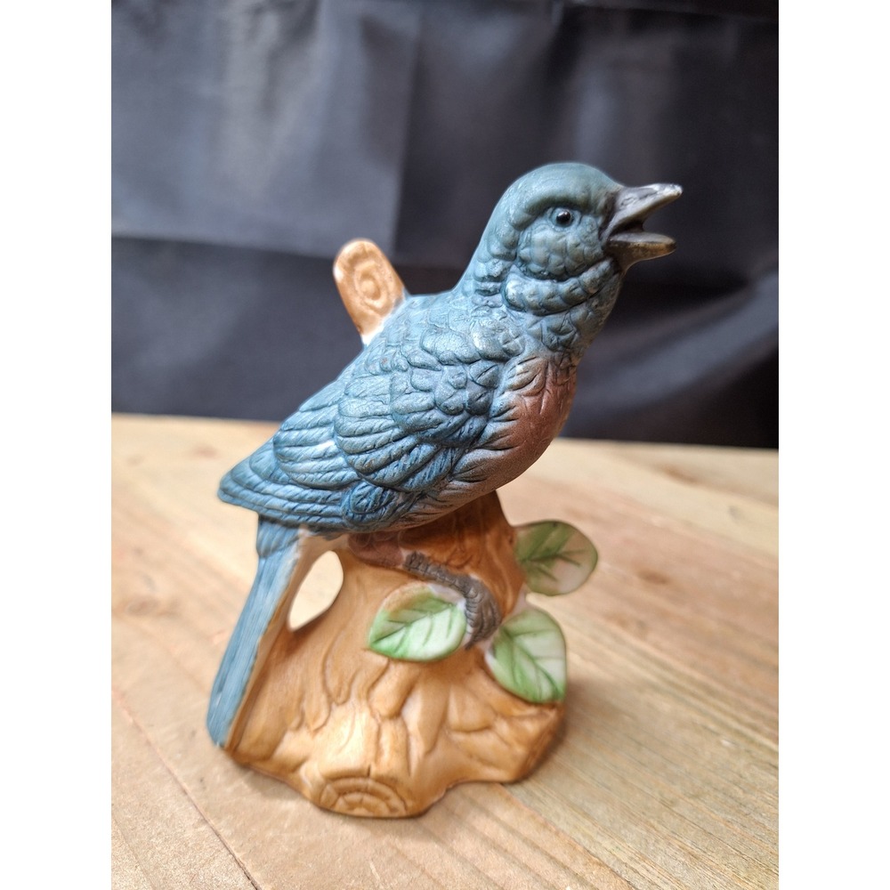 Vintage Blue Bird Figurine Ceramic Songbird on Tree Stump Made in Taiwan 5 Inch